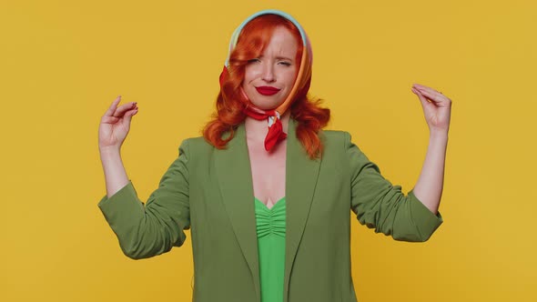 Redhead Woman Showing Nonsense Hands Gesture Gossips Empty Fake Promises Liars Yellow Background alt