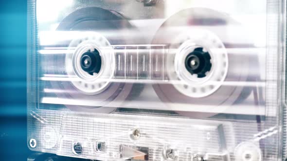 Audio Cassette Tape in Use Sound Recording in the Tape Recorder. Vintage Music Cassette with a Blank