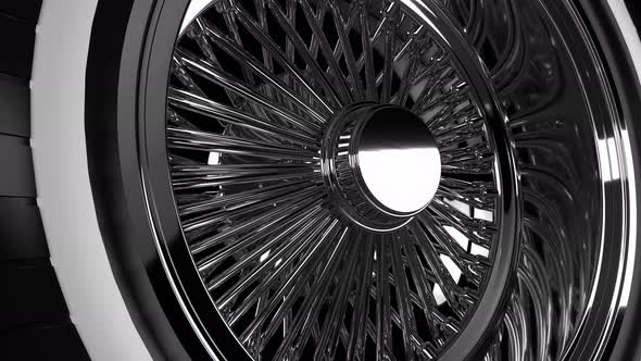 Looping Close Up View Chrome Wire Wheel With Tire
