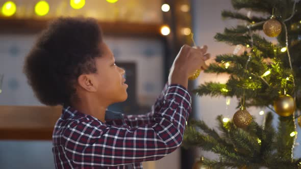 Portrait of Cute African Boy Decorating Tree Before Christmas at Home alt