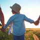 Child Stand Between Parents in Field in Summer and Holds Out Hand Each and Family Takes Hands - VideoHive Item for Sale