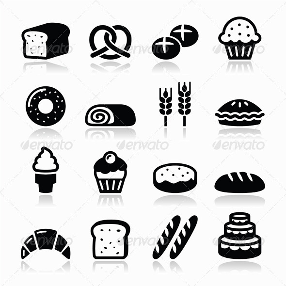 Bakery, Pastry Icons Set - Bread, Donut, Cake - Food Objects
