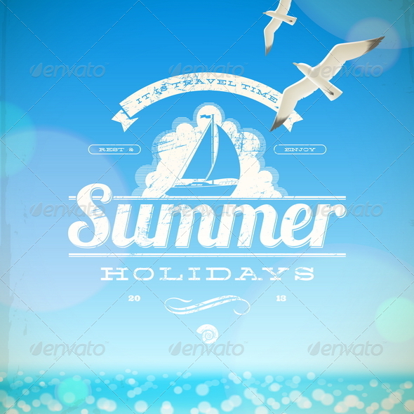 Summer Holidays Vector Emblem and Seagulls - Travel Conceptual