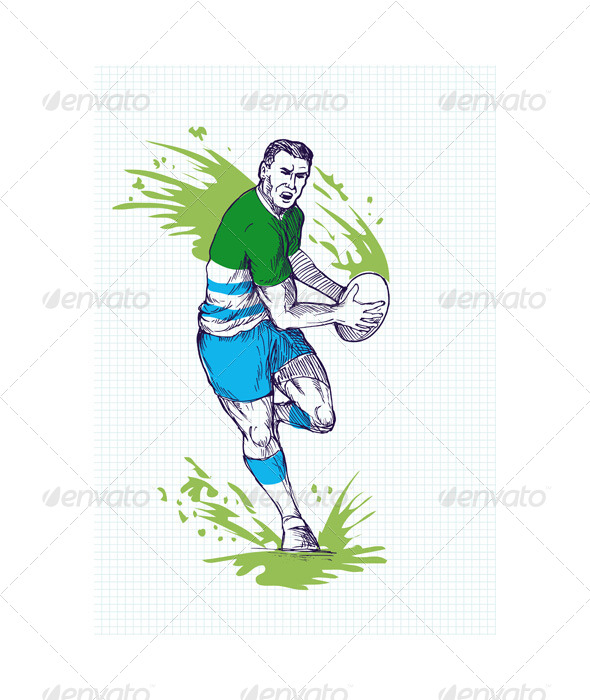 Rugby Player Running Passing Ball Sketch - People Characters