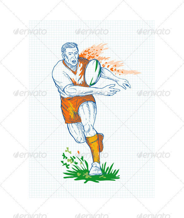 Rugby Player Running Passing Ball Sketch - People Characters