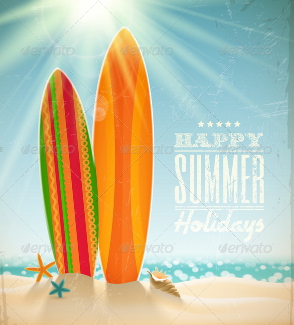 Vintage Surfboards on a Sunny Beach - Travel Conceptual