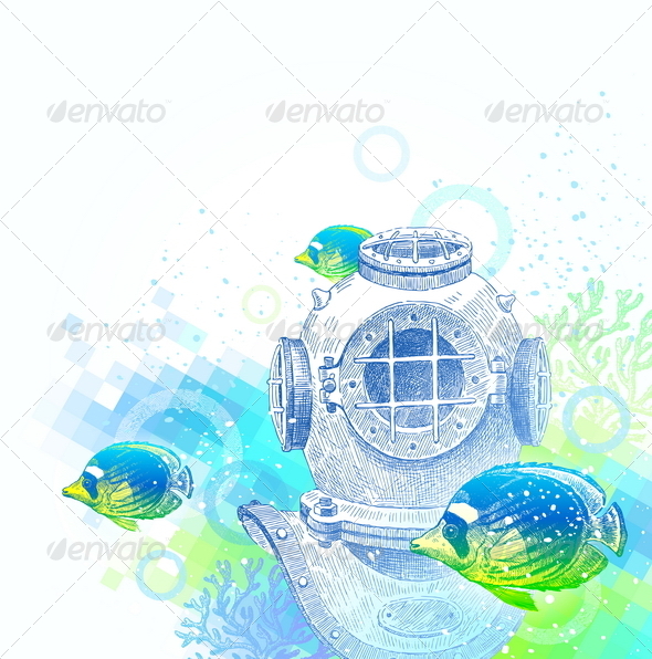 Vintage Diving Helmet and Tropical Fishes - Travel Conceptual
