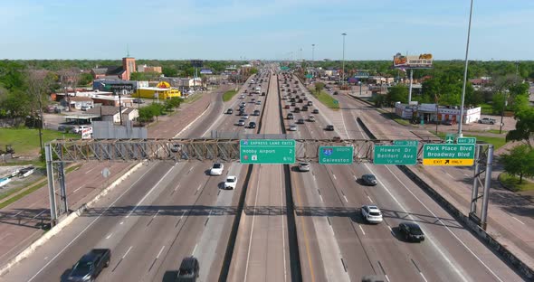 Aerial view of cars on I-45 South in Houston headed towards Galveston, Texas. alt