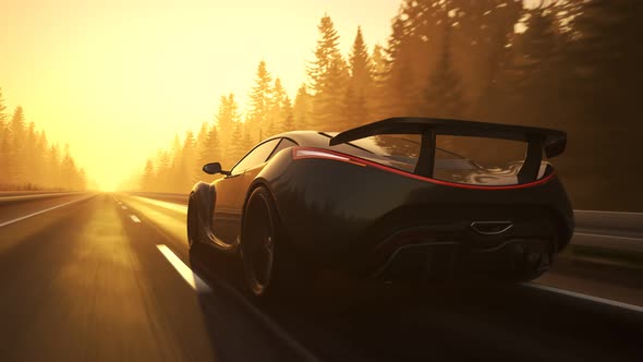 Fast, slick supercar driving through a coniferous forest during sunset. 4K HD