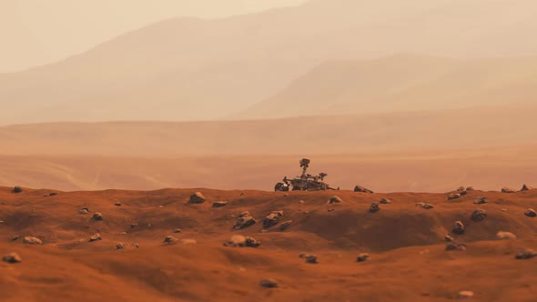 Planetary rover on the surface of Mars exploring alien planet landscape. 4K alt