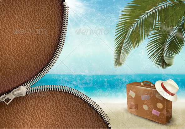 Vintage Seaside Background with Suitcase - Travel Conceptual