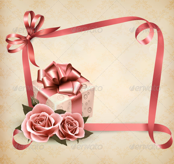 Holiday Background with Pink Roses and Gift Box - Birthdays Seasons/Holidays