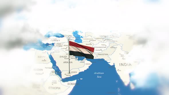 Yemen Map And Flag With Clouds