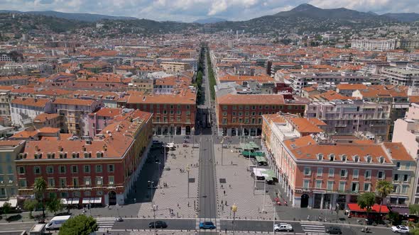 Drone view of The Place Massena, a historic square in Nice, Cote d'Azur, France alt