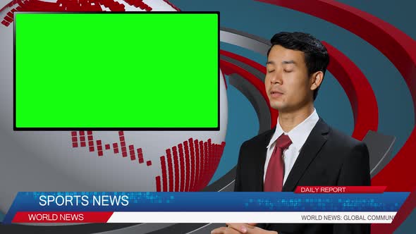 Asian Male Anchor Reporting On The Sport, Video Story Show Green Chroma Key Screen alt