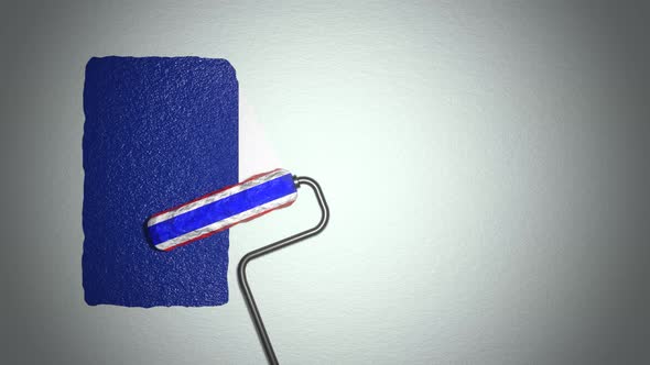 Roller paints the wall in colors of French flag. alt
