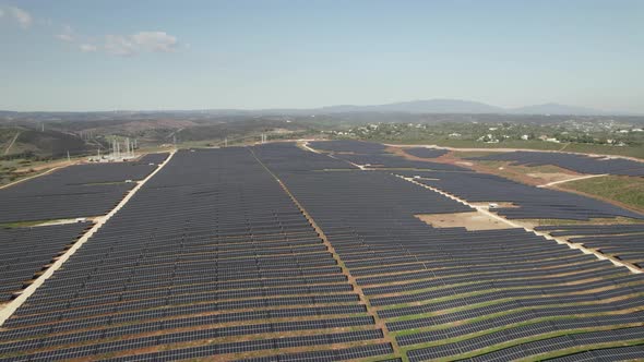 Giant solar panels farm on a sunny day, Lagos, Portugal. Clean energy concept