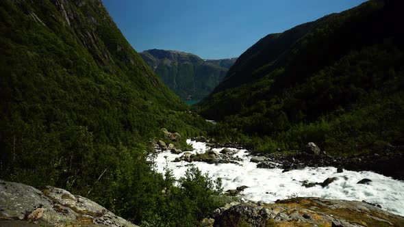 River from Buarbreen glacier in Folgefonna national park Norway. alt