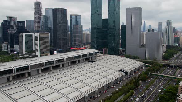 Shenzhen Central Business District Aerial Skyline Panorama Timelapse Pan Up alt