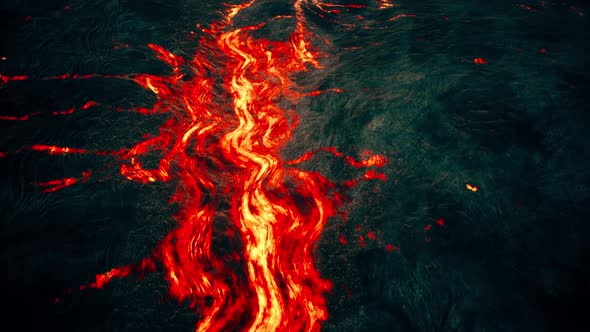Lava river Night Flaming Hot Magma Stream, Top View