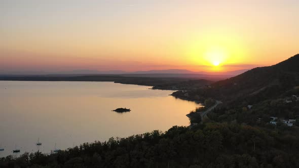 Aerial view of the Zemplinska Sirava reservoir in Slovakia - Sunset alt