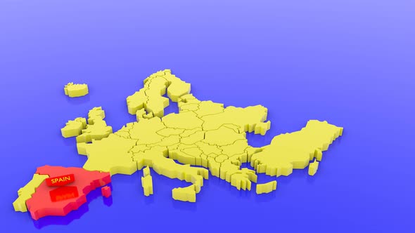 Map of Europe in yellow, focused on Spain in red with a map sticker