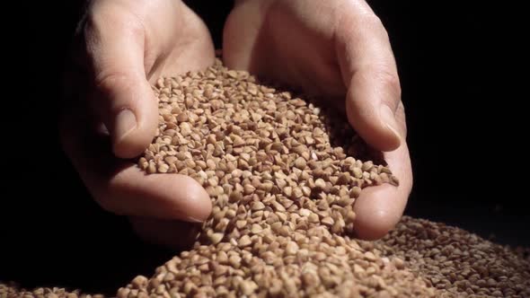 Female Hands Pours Buckwheat Grain. Slow Motion alt