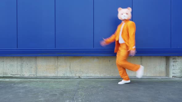Man with bear mask running and jumping in front of blue wall