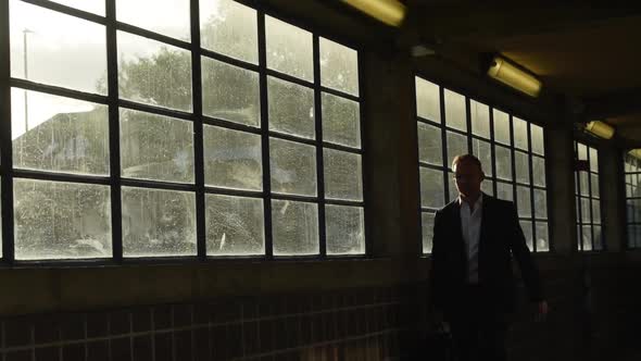 Businessman in suit walking through covered passageway on commute to work, static shot alt