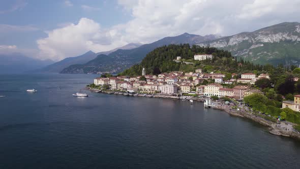 Ferries arrive and depart at picturesque Bellagio, Lake Como; aerial alt