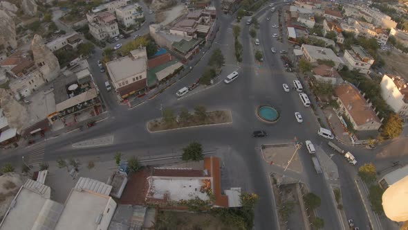 Cappadocia Aerial Shot of Rock Chimneys and Uchisar Castle in Goreme Turkey alt