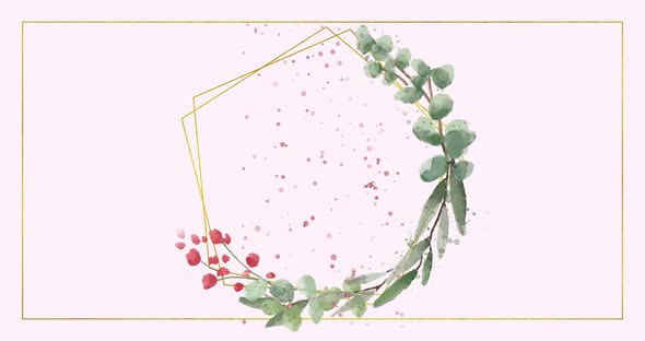 Animation of a geometric shape with flowers and glitters on a pale rose background alt