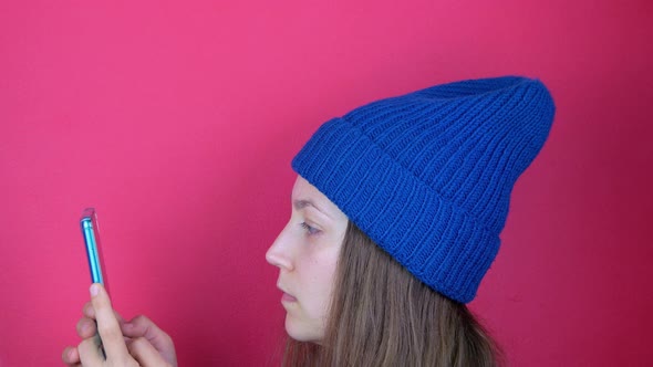 Pretty female blogger smartphone making stories selfie social media scrolling internet video blog alt