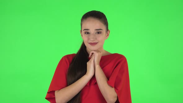 Portrait of Pretty Young Woman Is Looking with Tenderness. Green Screen alt