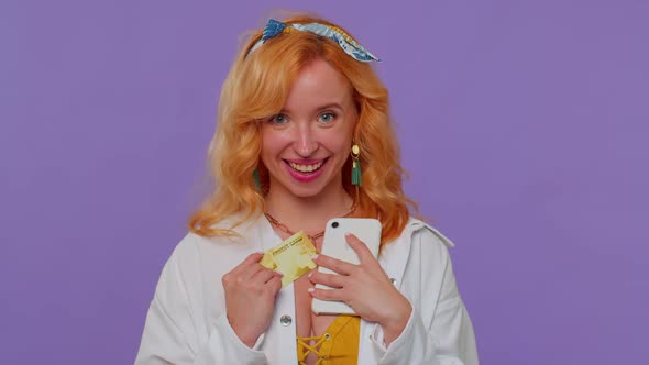 Woman Using Credit Bank Card and Smartphone While Transferring Money Purchases Online Shopping alt