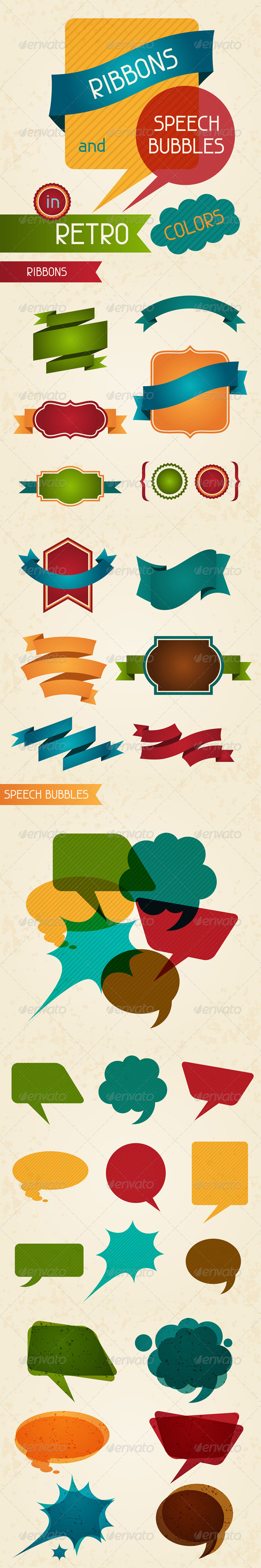 Ribbons and speech bubbles in retro colors. - Retro Technology