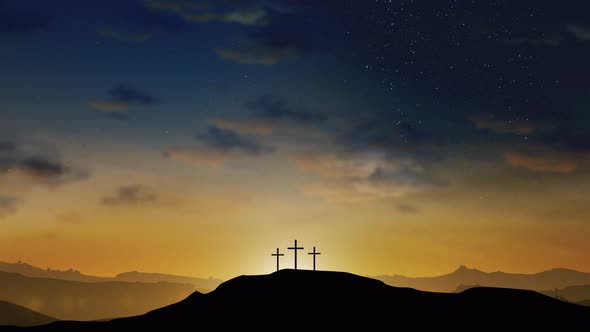 Three Crosses on Hill with Clouds on Starry Sky