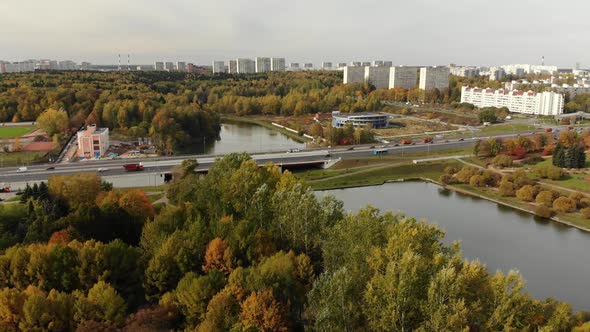 Big Pond in Victory Park in Autumn in Zelenograd of Moscow Russia