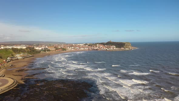 Aerial footage of the British seaside town of Scarborough, the seaside coastal town in the UK alt