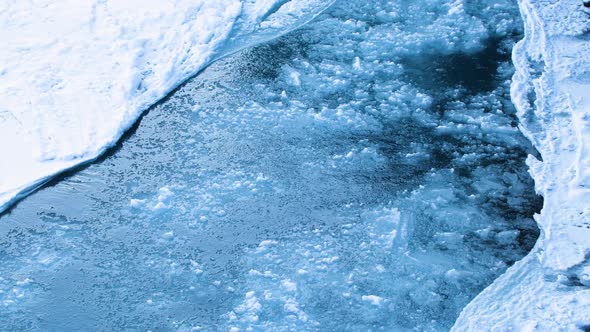 Frozen River Cold Winter or Spring Landscape A Frozen River with a Huge Current Fragments of Ice alt