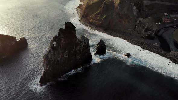 Drone Pointing Down at Huge Ocean Cliff near Ribeira Da Janela, Madeira Island Portugal.