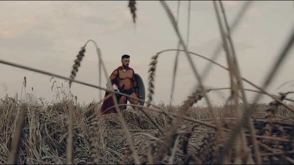 Shirtless Spartan Walking in Dry Field.