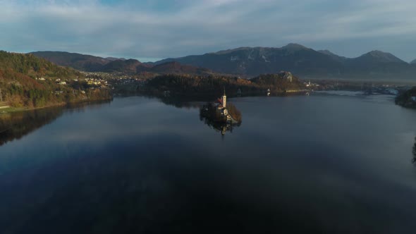 Aerial view of the island on Bled lake