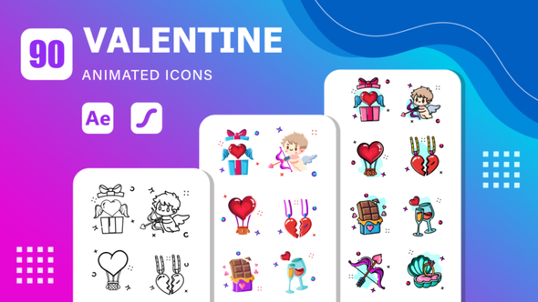 90 Valentine Animated Icons | After Effects Template & Lottie Animation Elements template preview