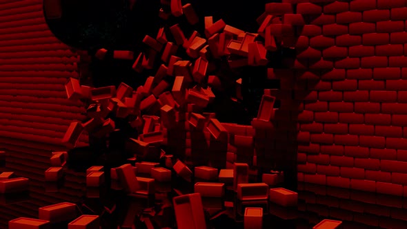 Breaking a wall with many bricks falling down, concept of construction alt