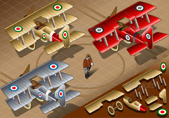 Isometric Old Vintage Biplanes in Rear View - Man-made Objects Objects