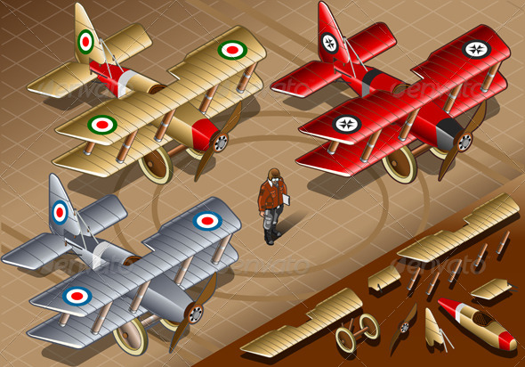 Isometric Old Vintage Biplanes in Front View - Man-made Objects Objects