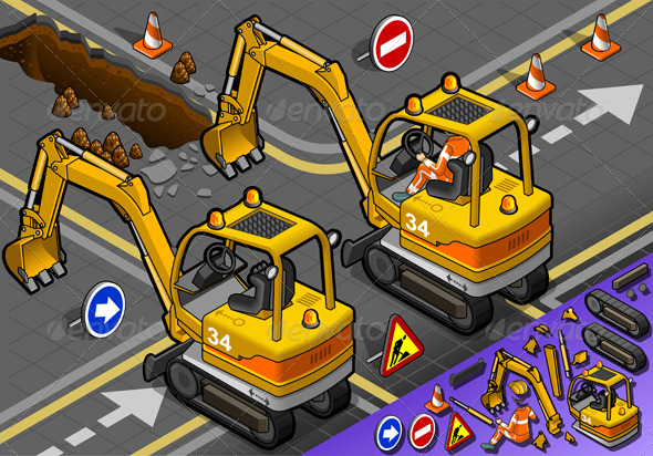 Isometric Mini Excavator with Man at Work - Man-made Objects Objects