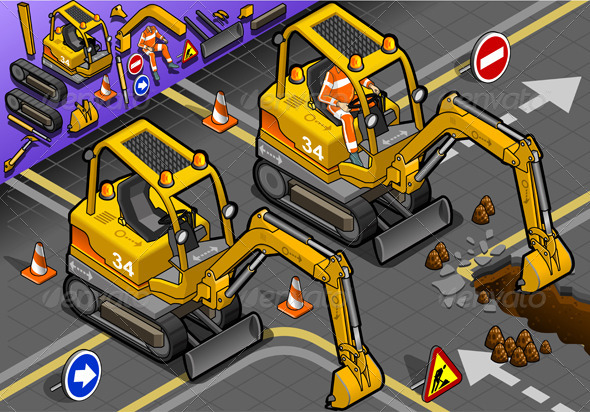 Isometric Mini Excavator with Man at Work - Man-made Objects Objects