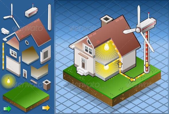 Isometric House with Aeolic Turbine - Buildings Objects
